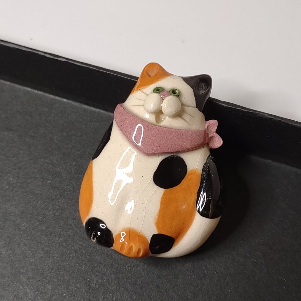 Cute Ceramic Orange, White, And Black Cat Brooch